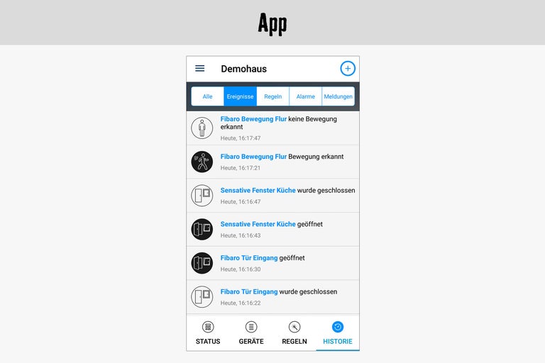 Screenshot einer App zur Hausautomation mit Benachrichtigungen zu Bewegung, Fenster- und Türkontakten