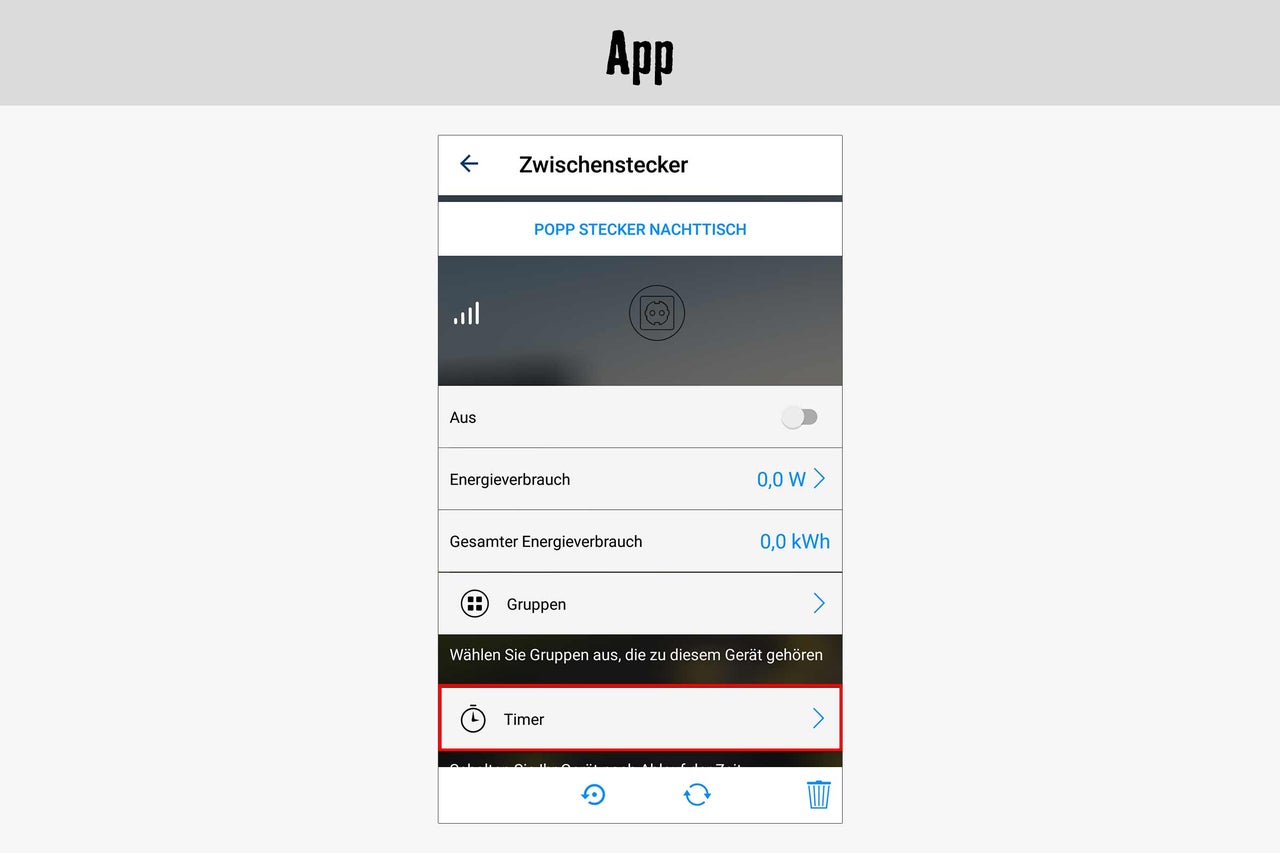 App-Ansicht eines Zwischensteckers mit Energieverbrauchsanzeige