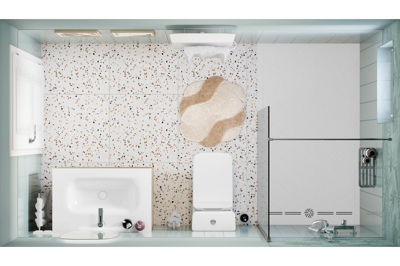 Modernes Badezimmer in der Vogelperspektive mit Terrazzo-Fliesen, weißem Waschtisch, wandhängender Toilette und einer begehbaren Dusche.