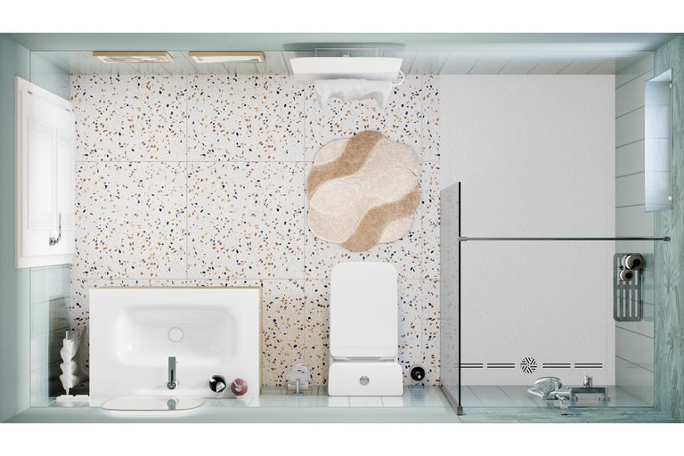 Modernes Badezimmer in der Vogelperspektive mit Terrazzo-Fliesen, weißem Waschtisch, wandhängender Toilette und einer begehbaren Dusche.