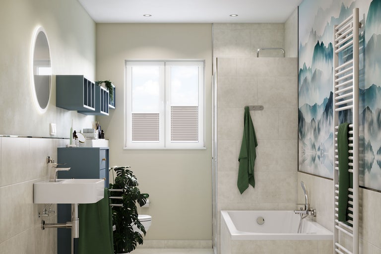 Modernes Badezimmer mit Waschtisch, Spiegel, Badewanne und Heizkörper