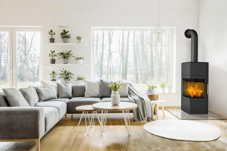Wohnzimmer mit Kamin, Sofa, Couchtisch und Zimmerpflanzen