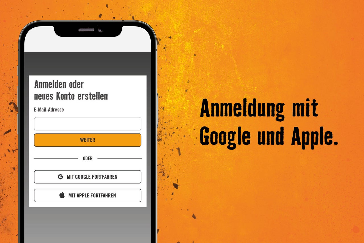 Anmeldebildschirm eines Smartphones mit Optionen zur Anmeldung oder Kontoerstellung mit Google und Apple