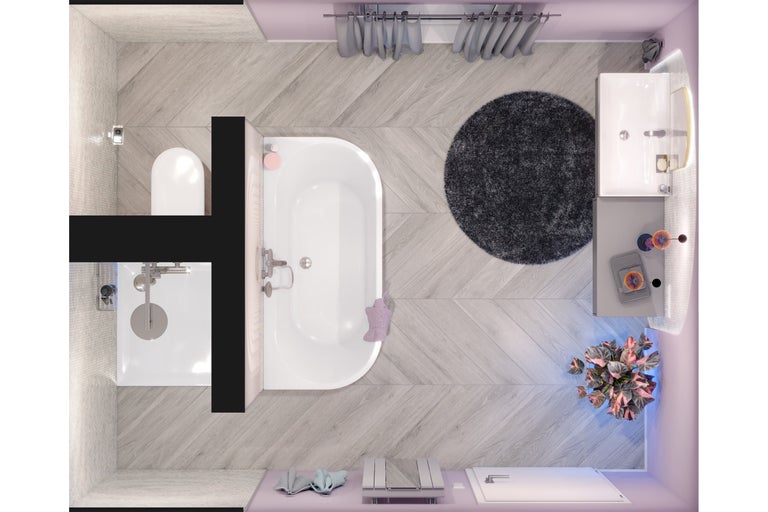 Draufsicht eines Badezimmers mit Dusche, Toilette, Badewanne, Waschbecken, rundem Teppich und Zimmerpflanze