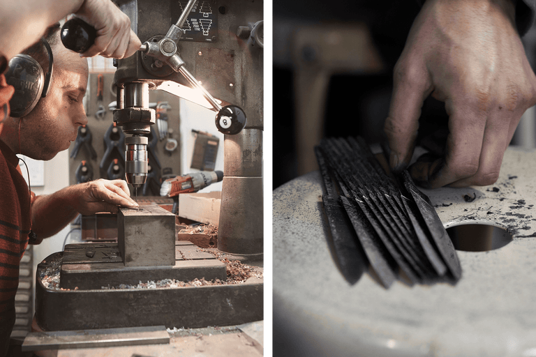 Eine Person bohrt mit einer Standbohrmaschine ein Loch in ein Werkstück; Detailaufnahme von Metallprodukten