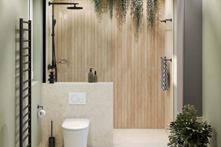 Modernes Badezimmer mit Dusche, Toilette und Holzwandverkleidung