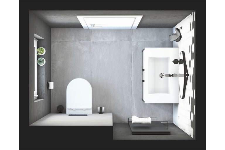 Helle und geräumige Badezimmeransicht mit Toilette, Waschbecken und Dekorationen.