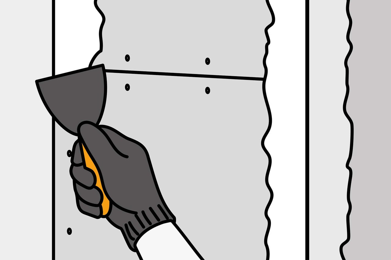 Illustration einer Spachtel, die eine Gipskartonplatte ausbessert.