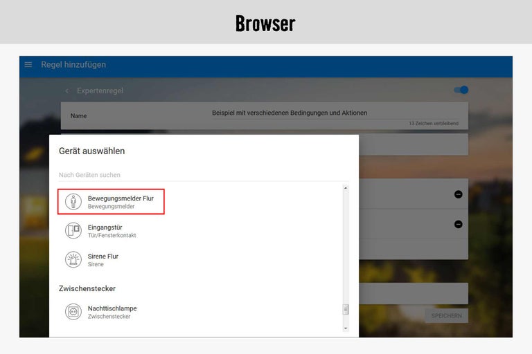 Screenshot eines Browsers mit der Geräteauswahl für einen Bewegungsmelder