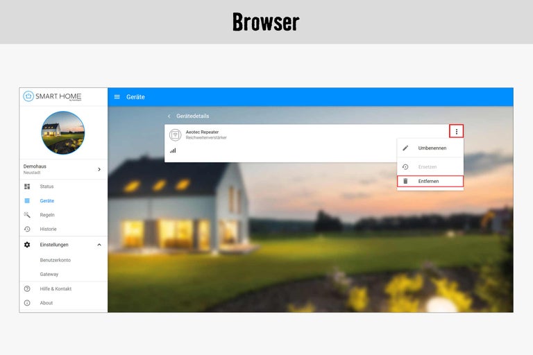 Browseransicht der Smart Home App mit der Option, einen Aeotec Repeater zu entfernen