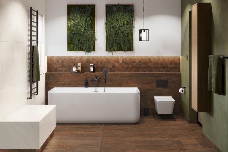 Helles Badezimmer mit Badewanne, Toilette, Waschtisch und Dekorationen