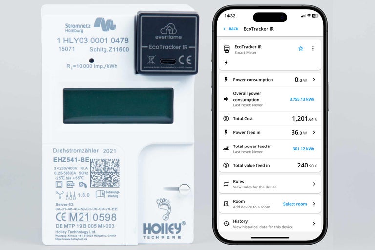 Stromzähler mit angebrachtem EcoTracker IR und Smartphone-App zur Verbrauchsanzeige