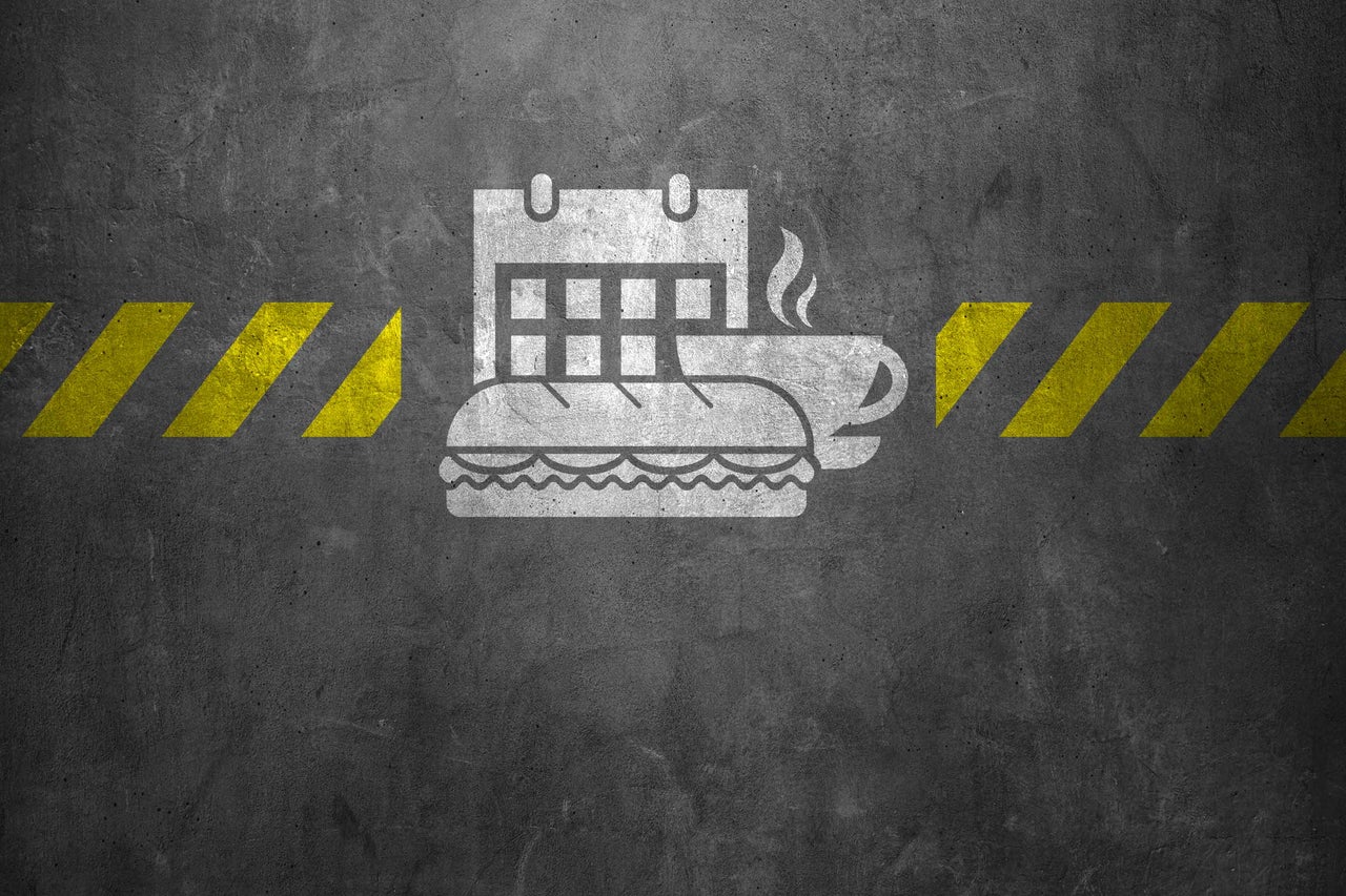 Symbol für Mittagspause mit Kalender, Sandwich und Kaffeetasse.