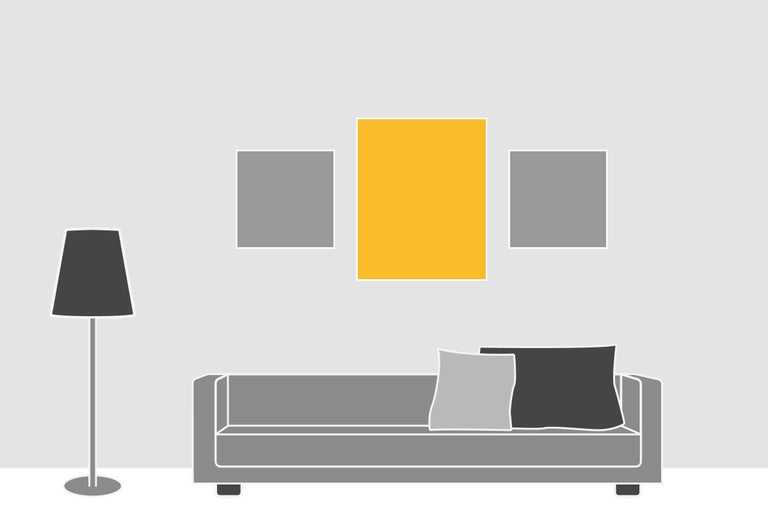 Illustration eines Wohnzimmers mit Sofa, Stehlampe und drei Bildern