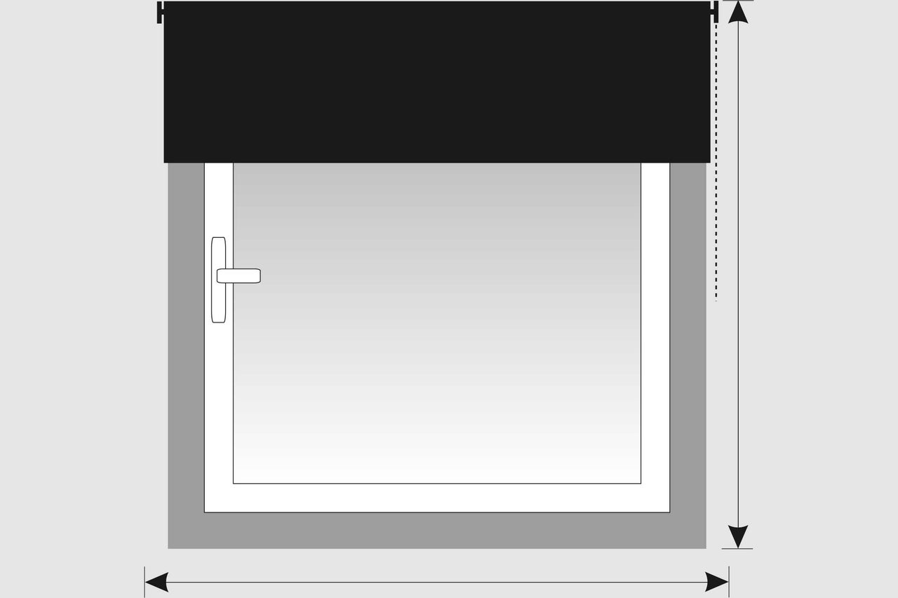 Fenster mit Abmessungspfeilen und Rollladen