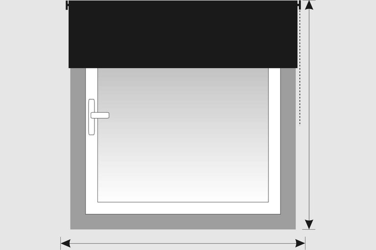Fenster mit Abmessungspfeilen und Rollladen