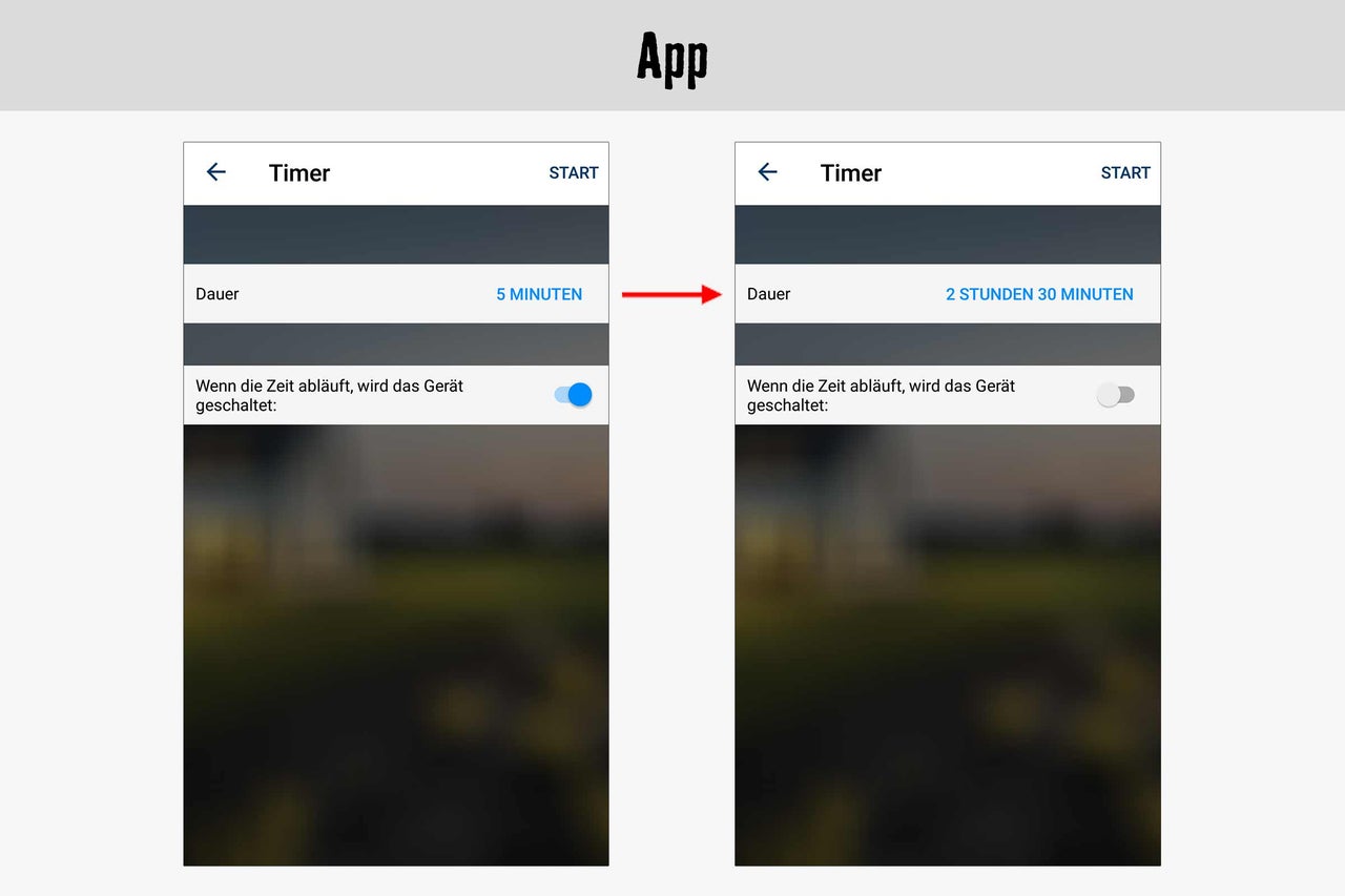 App-Ansicht mit Timer-Einstellungen: Dauer 5 Minuten, dann 2 Stunden 30 Minuten