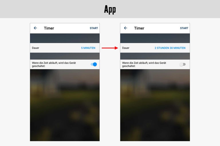App-Ansicht mit Timer-Einstellungen: Dauer 5 Minuten, dann 2 Stunden 30 Minuten