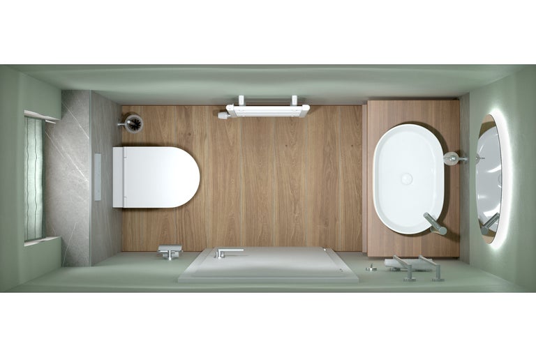 Draufsicht eines modernen Badezimmers mit WC, ovalem Waschbecken auf Holzunterschrank, Dusche und Spiegel. Bodenbelag in Holzoptik.