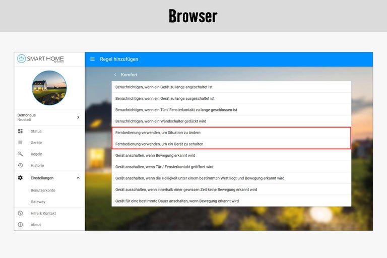 Smart Home App Oberfläche zur Regelkonfiguration