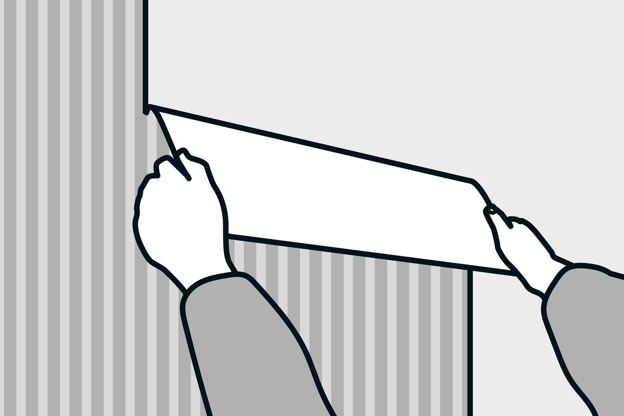 Illustration zeigt das Ablösen einer Tapete von einer Wand