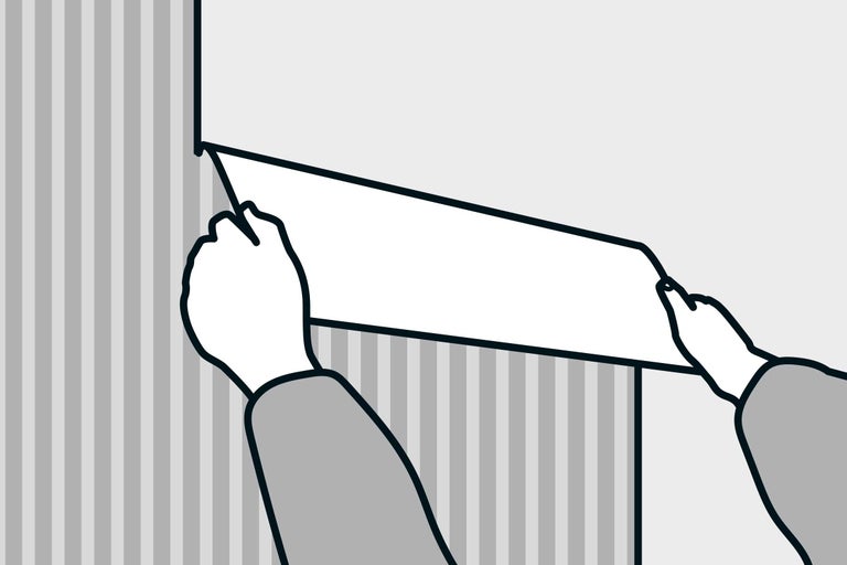 Illustration zeigt das Ablösen einer Tapete von einer Wand