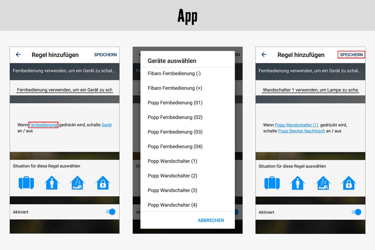 App-Screenshots zur Geräteauswahl und Regelerstellung