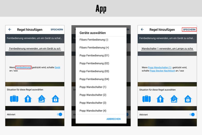 App-Screenshots zur Geräteauswahl und Regelerstellung