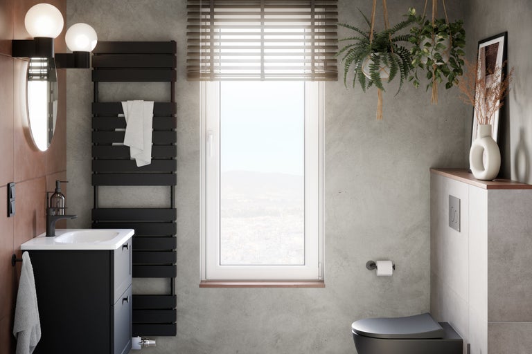 Modernes Badezimmer mit Waschtisch, Heizkörper, Fenster und Dekoration