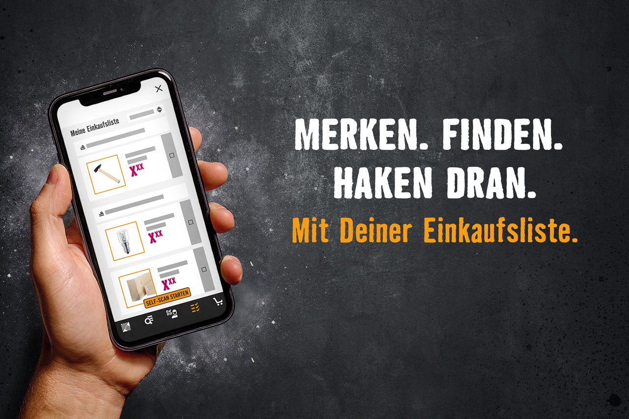 Ein Smartphone mit der Hornbach Einkaufsliste in der Hand.
