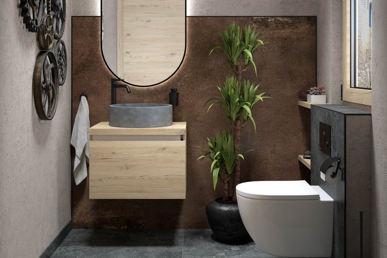 Modernes Badezimmer mit Waschtisch, Spiegel, Toilette und Dekoration