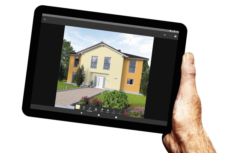 Ein Tablet zeigt eine Hausfassade in einer Farbgestaltungs-App