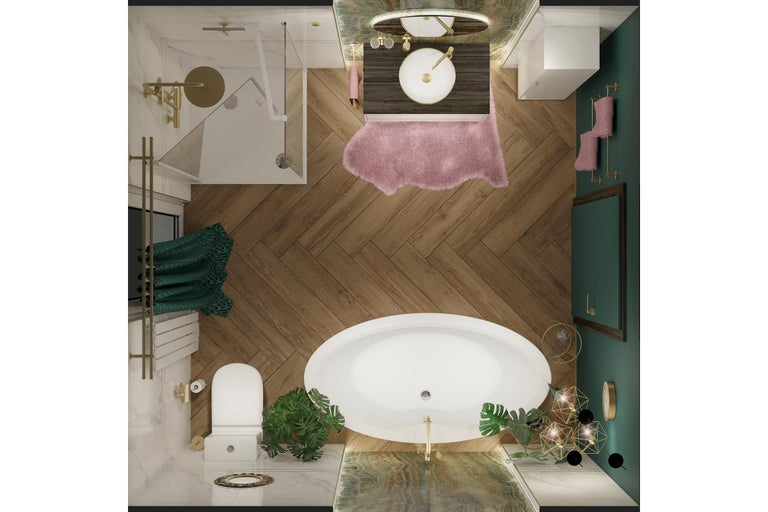 Ansicht von oben eines Badezimmers mit Dusche, Waschbecken, Badewanne und Toilette