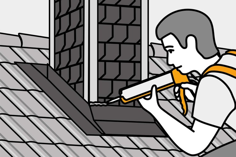 Illustration einer Person, die mit einer Kartuschenpistole eine Dachabdichtung vornimmt.