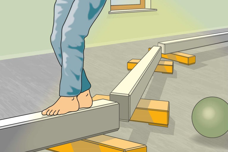 Illustration einer Person, die barfuß auf einem Holzbalken balanciert