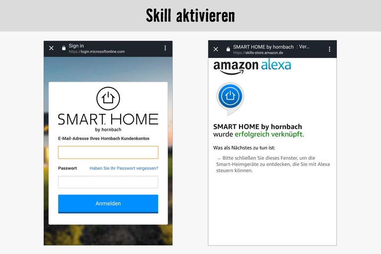 Aktivierung des Hornbach Smart Home Skills mit Anmeldebildschirm und Erfolgsmeldung für Amazon Alexa