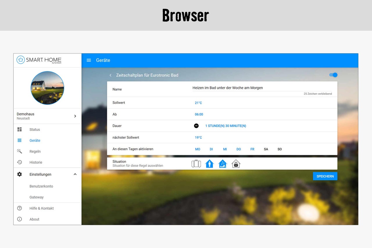 Browseransicht der Smart Home App zur Steuerung der Heizung im Badezimmer