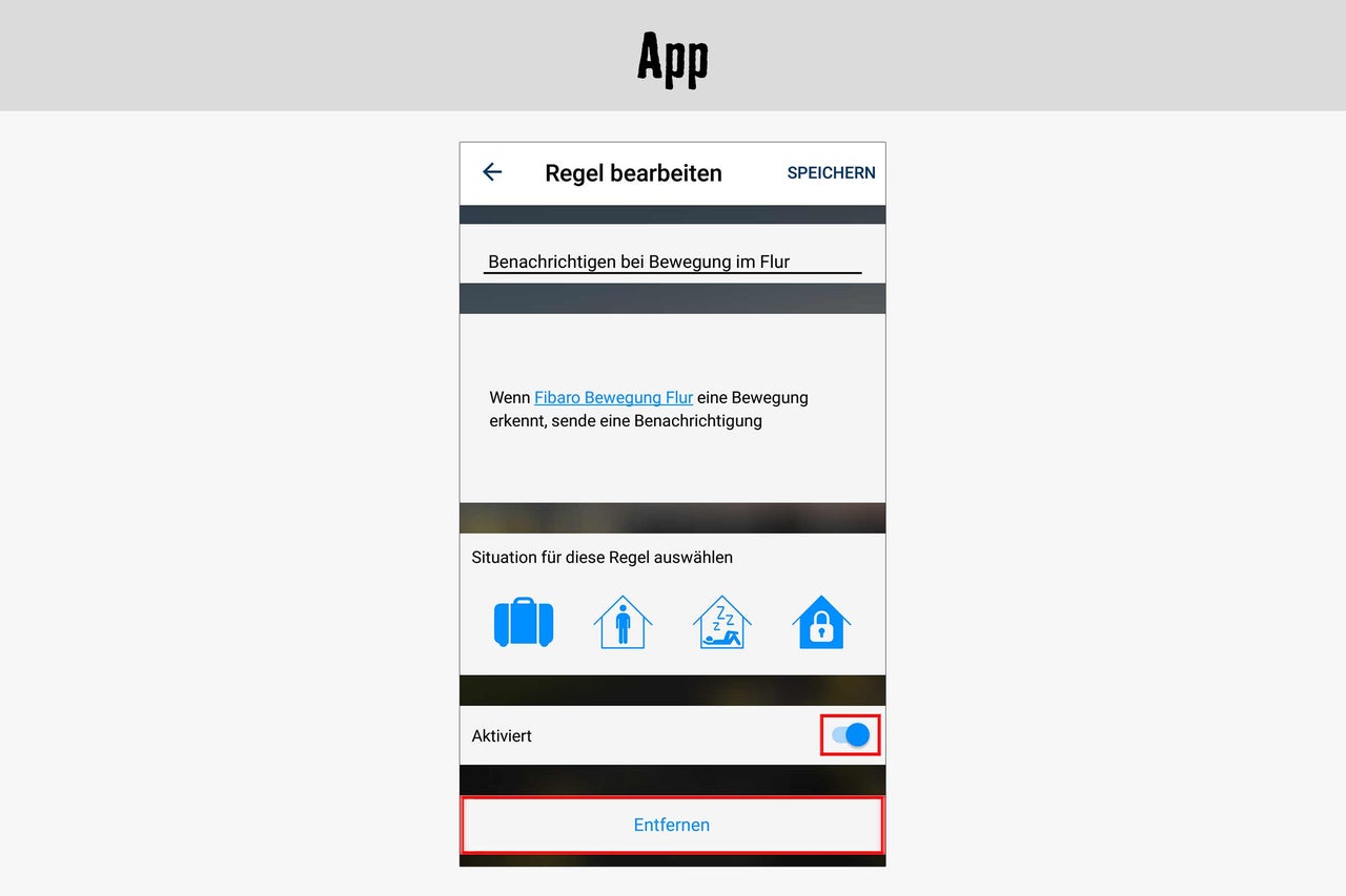 App-Ansicht zur Bearbeitung einer Regel für eine Benachrichtigung bei Bewegung im Flur