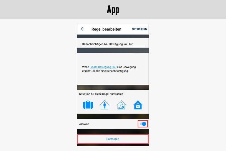 App-Ansicht zur Bearbeitung einer Regel für eine Benachrichtigung bei Bewegung im Flur