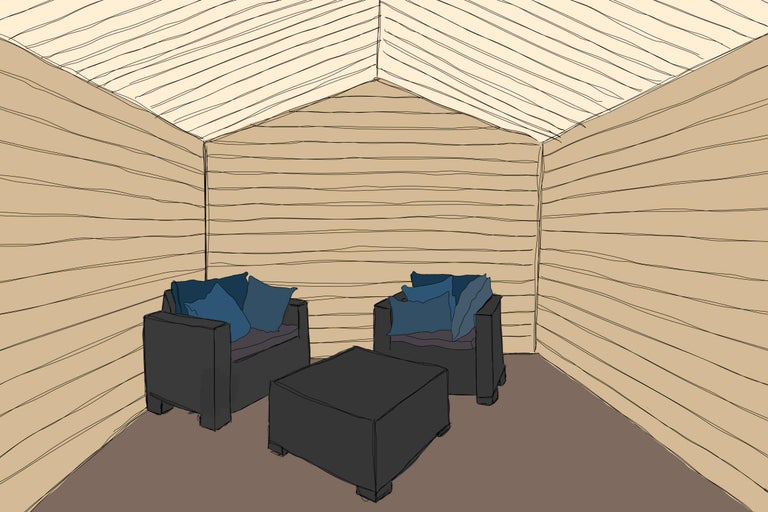 Holzgartenlaube mit zwei Sesseln und einem Tisch