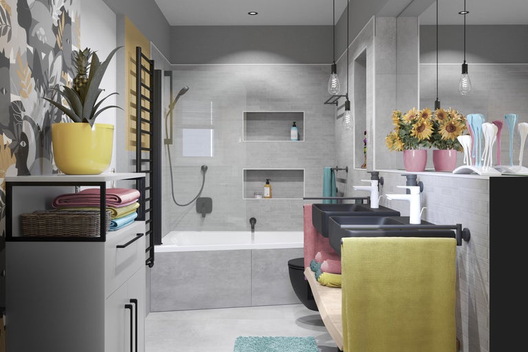 Modernes Badezimmer mit Badewanne, Dusche, Waschtischen und Dekorationen