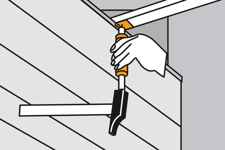 Illustration einer Hand, die ein Werkzeug zum Ausrichten von Paneelen hält