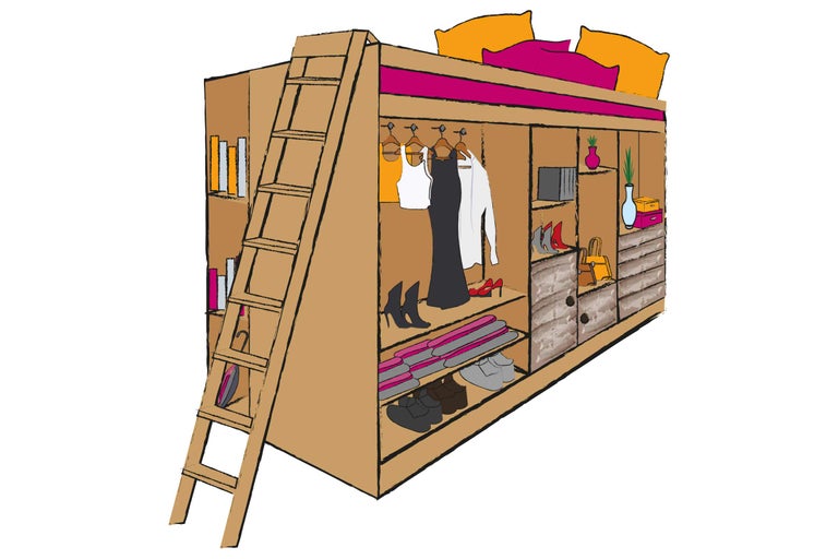 Illustration eines begehbaren Kleiderschranks mit Leiter