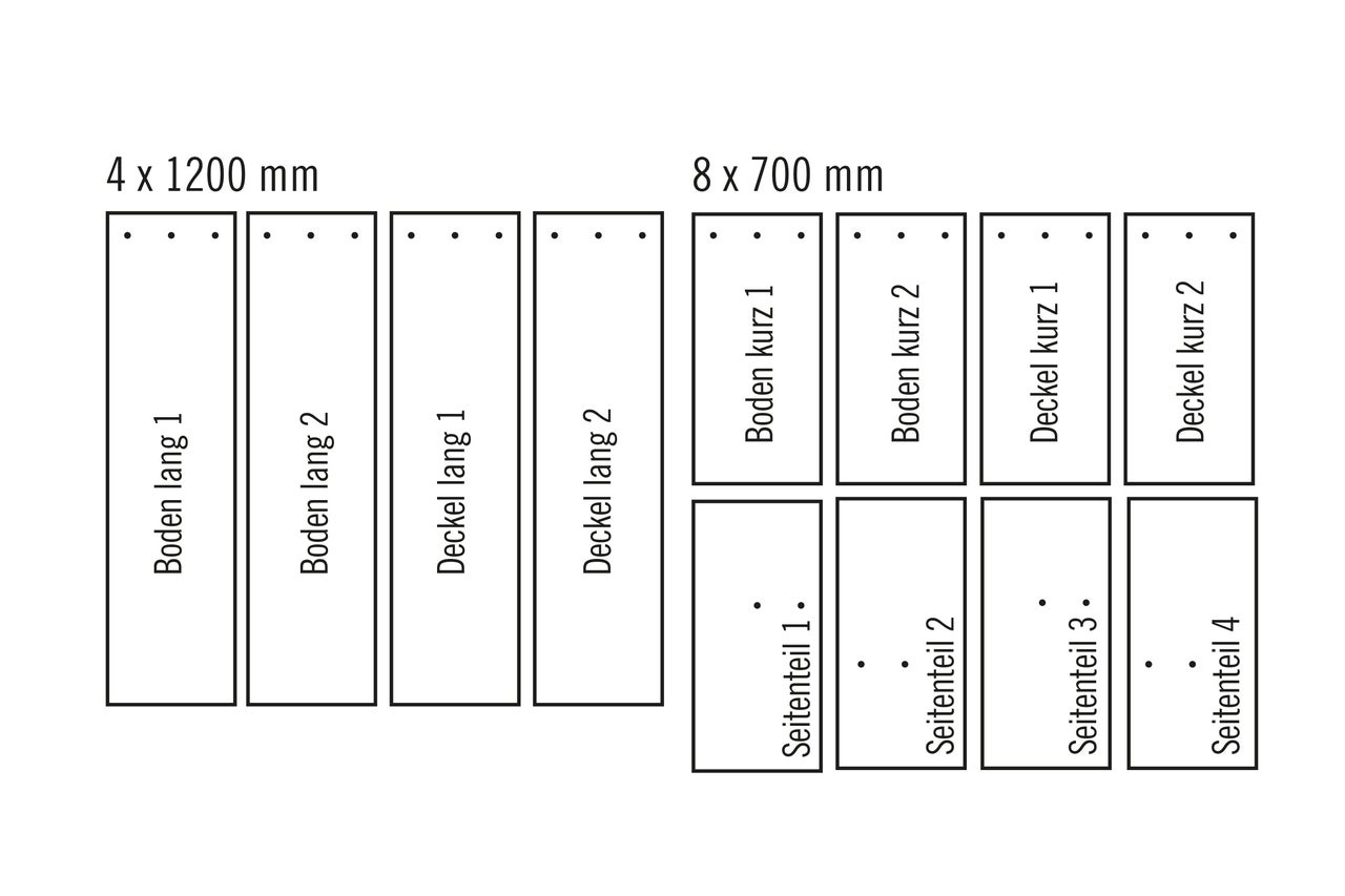 Abbildung von vier langen Bodenplatten mit den Maßen 4 x 1200 mm und acht kurzen Bodenplatten mit den Maßen 8 x 700 mm.