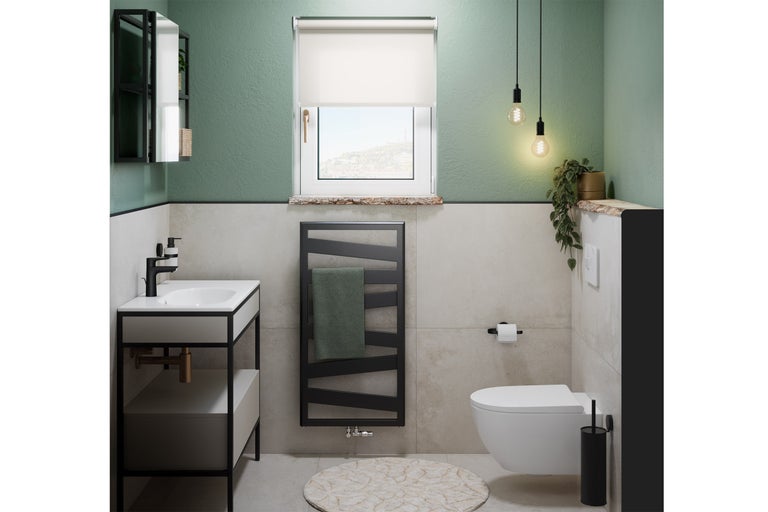 Modernes Badezimmer mit Waschtisch, Heizkörper und Toilette.