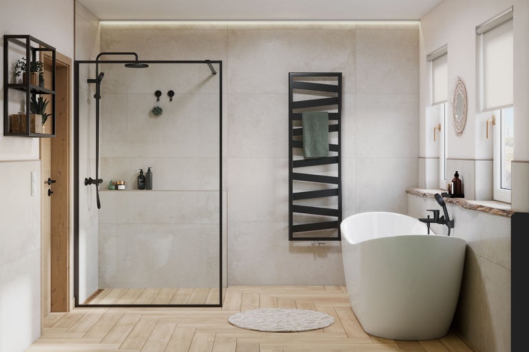 Badezimmer mit Dusche, Badewanne und Heizkörper