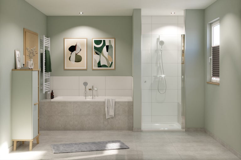 Helles Badezimmer mit Badewanne, Dusche und Waschbeckenunterschrank