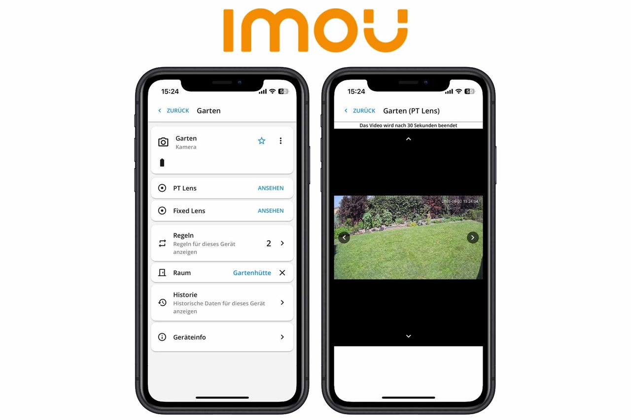 Imou Logo, zwei Smartphones mit geöffneter Imou App. Das linke Smartphone zeigt das Menü der Gartenkamera, das rechte Smartphone zeigt die Live-Ansicht der Kamera.