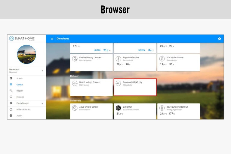 Smart Home Steuerungsoberfläche mit Gardena SILENO city Mähroboter