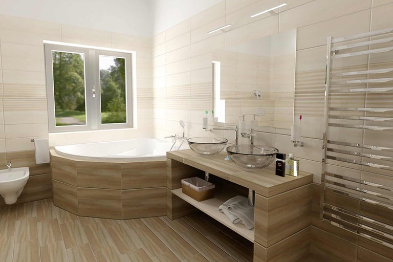 Helles Badezimmer mit Badewanne, Waschtisch mit Glaswaschbecken und Heizkörper